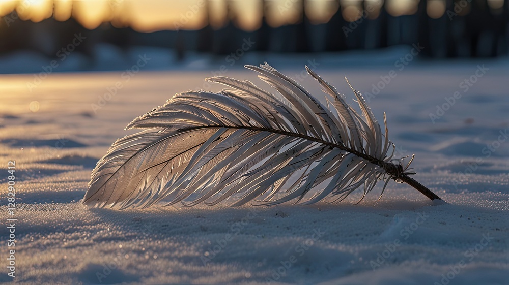 Poster a fragile feather lies gently on shimmering snow while the sky glows with warm sunset hues creating 