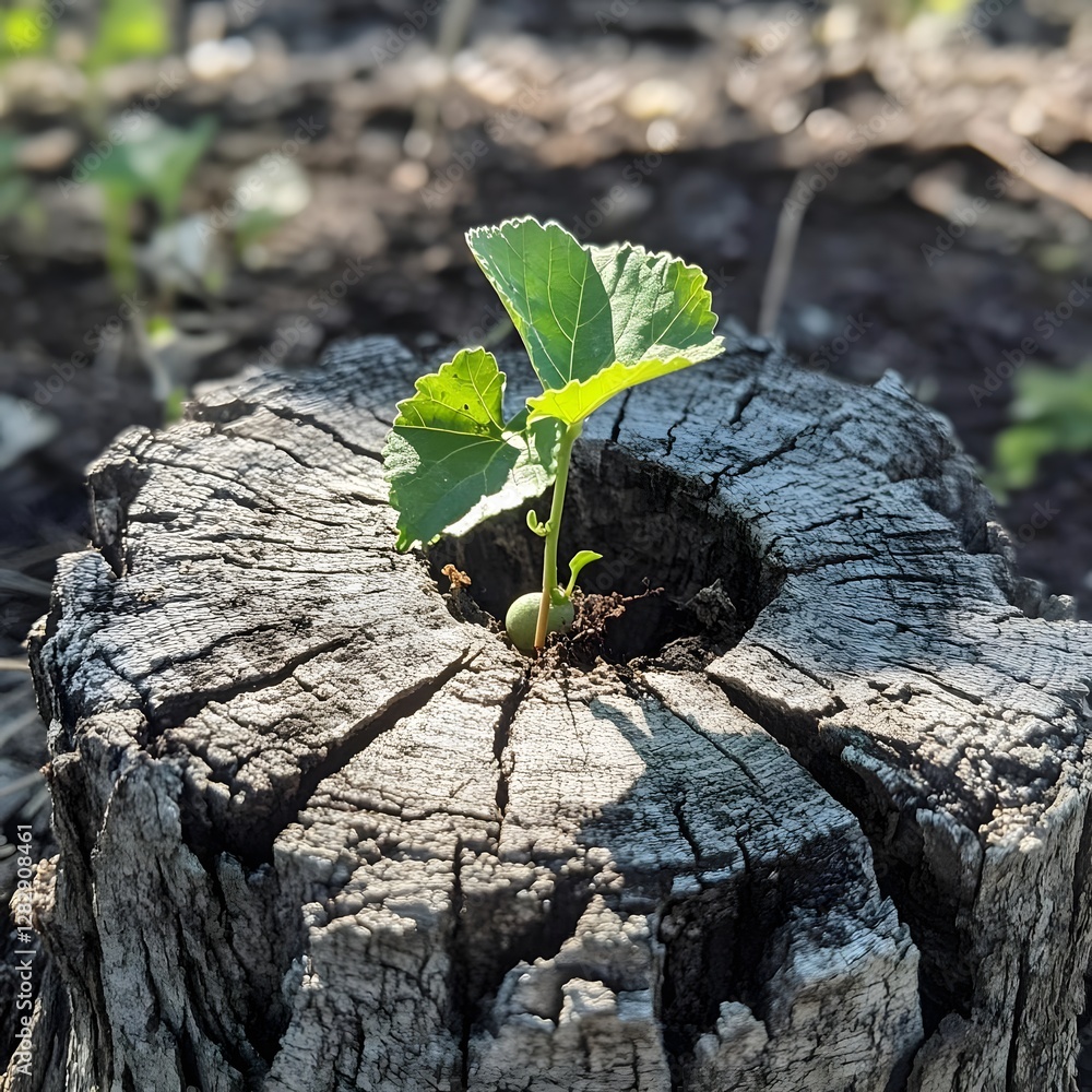 Poster a resilient green sprout emerging from a weathered tree stump in a sunlit forest setting