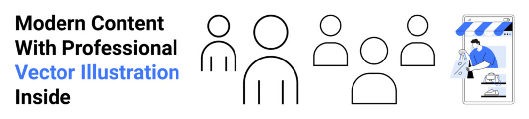 Minimalist team icons beside an e-commerce storefront graphic. Ideal for teamwork, digital marketing, online shopping, collaboration, professional branding, e-commerce, flat landing page banner