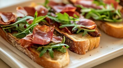Delicious Bruschetta Topped With Prosciutto And Arugula