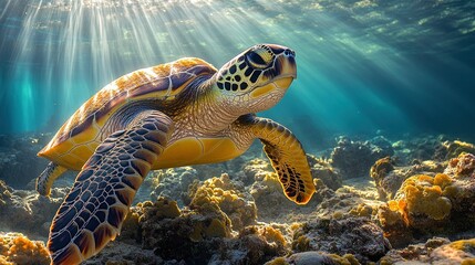 Fototapeta premium Underwater sea turtle, sunbeams, coral reef, marine life