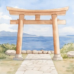 Traditional Japanese Torii Gate Overlooking Serene Ocean under Clear Blue Sky