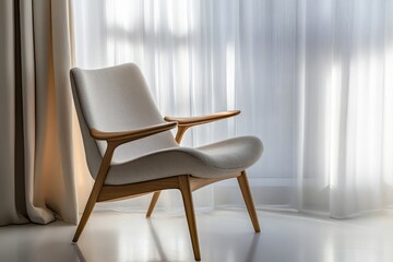 Scandinavian-style armchair, light wood and soft upholstery, positioned in a white-walled room with warm lighting, ultra-sharp, stylish and clean aesthetic"