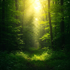 Fototapeta premium A magical forest pathway illuminated by warm golden sunlight filtering through lush green trees, creating a peaceful and enchanting nature scene.