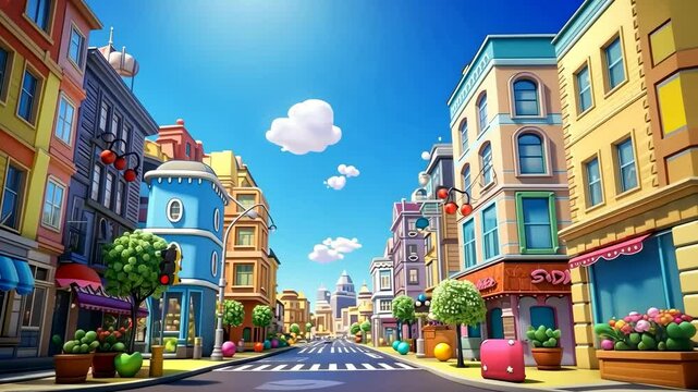 Colorful cartoon city street with a wide-angle view, vibrant buildings, and playful design, perfect for an animated video backdrop.