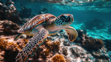 Obraz premium Underwater sea turtle swimming amongst coral reef