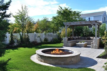 Outdoor fire pit patio seating area with pergola