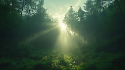 Obraz premium Sunrise through misty forest path