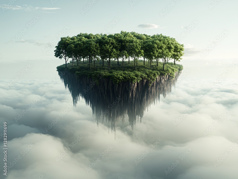Aufkleber a floating island where the terrain shifts and reorganizes itself, trees and rivers moving in an org