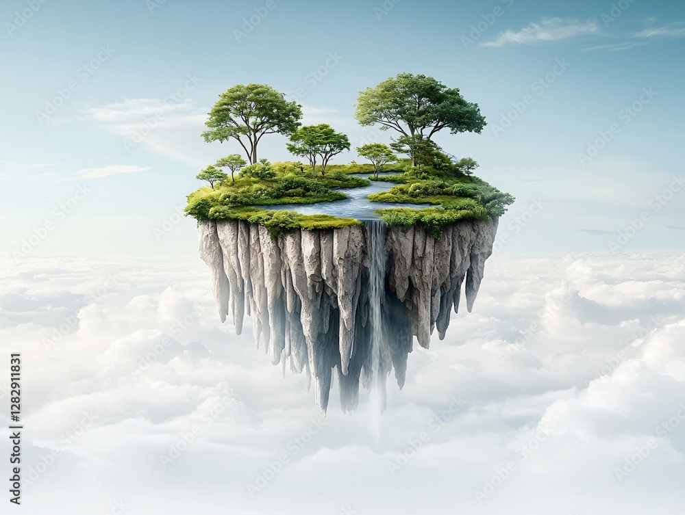 Aufkleber a floating island where the terrain shifts and reorganizes itself, trees and rivers moving in an org