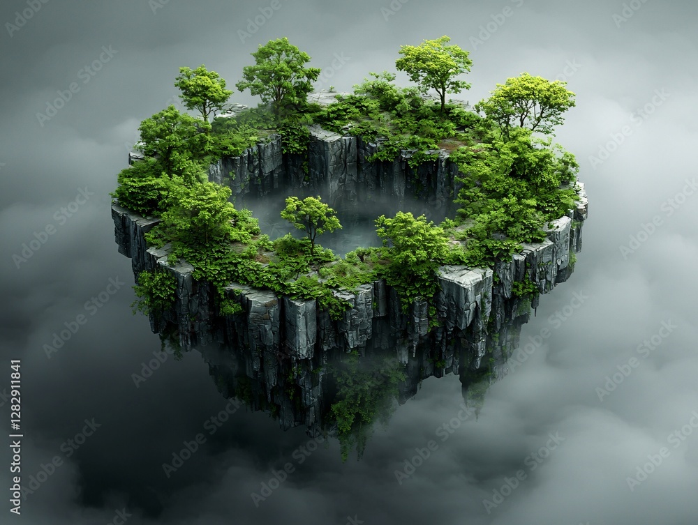 Aufkleber a floating island where the terrain shifts and reorganizes itself, trees and rivers moving in an org