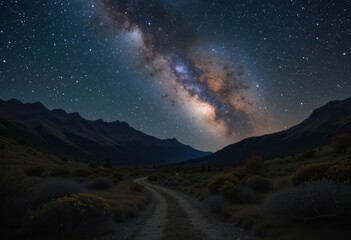 Starlit pathway through mountains under the Milky Way sky