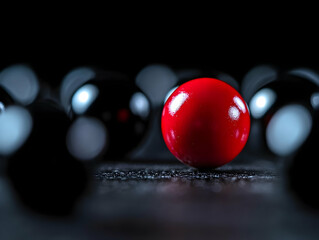 Red sphere stands out among black spheres on dark surface; bokeh background; concept image for leadership, uniqueness, or standing out