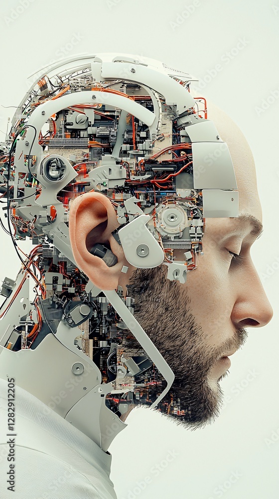 Poster a humanoid robot whose form flows between mechanical and organic, seamless transition from metal to 