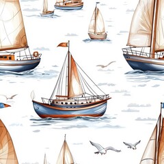 Colorful seamless pattern of yachts, isolate on a white background, creating a vibrant and engaging design.