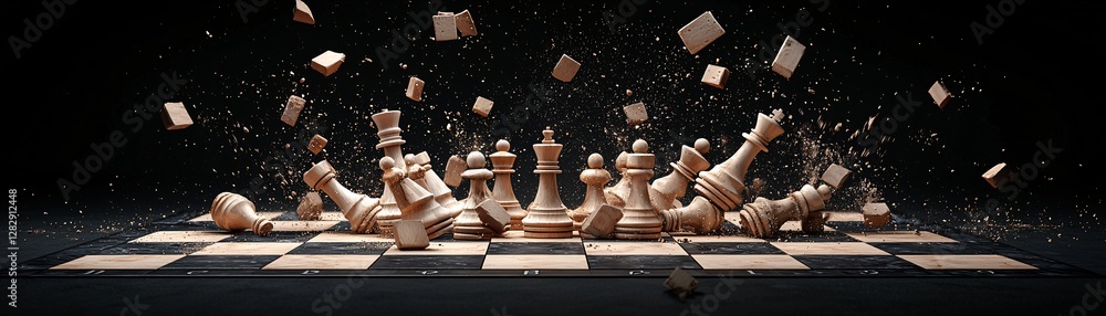 Poster a chessboard where the pieces dynamically shift between different shapes, melting and reforming into