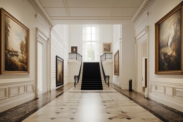 Grand Hallway with Elegant Black Staircase, Ornate Moldings, and Classic Artwork