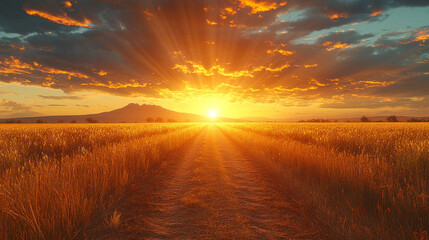 A glowing path guiding the way to success, with a radiant mountain peak on the horizon, bathed in the soft light of a sunrise, symbolizing hope, achievement, and new beginnings