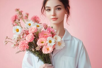 A compassionate female doctor with a bouquet of flowers on a soft pink background, suitable for healthcare promotions, Valentine's Day, or wellness events.