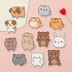 A set of small, fluffy animal stickers including cats, dogs, bears, and bunnies, arranged on a pastel pink background with heart decorations.