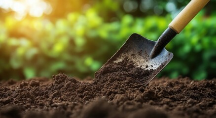 Digging soil for gardening backyard nature photography sunlit environment close-up view soil preparation techniques
