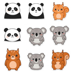 Fototapeta premium A kawaii-style sticker collection featuring pandas, koalas, and squirrels, drawn in a chubby, cartoonish design with warm tones.