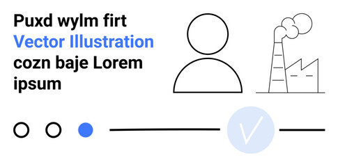 Abstract person icon, factory image with chimney, and placeholder text with a blue highlight. Ideal for industrial design, profiles, dashboards, UI design, minimalism, placeholders and templates