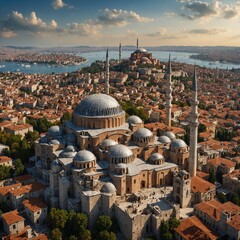 A panoramic view of 15th-century Constantinople, emphasizing its Byzantine and Ottoman architecture.