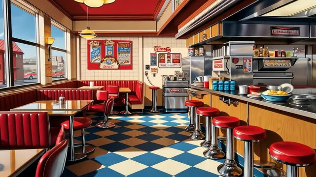 Retro diner interior with a nostalgic 1950s style, captured from a wide-angle view, ideal for a vintage-themed video setting.