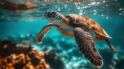 Obraz premium Underwater sea turtle swimming over coral reef (6)