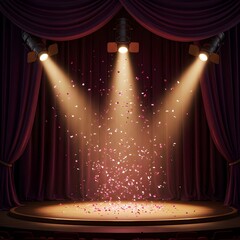 Empty stage with bright pink spotlights, confetti. Ideal for celebrating star at concert award ceremony. Purple dimensional, magenta, colours, studio, theatre,dimensional effect highlights glow, shine
