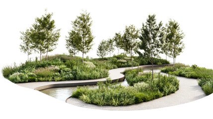 Serene walking path through lush green garden oasis tranquil setting nature scene aesthetic design outdoor viewpoint