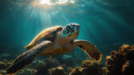 Fototapeta premium Underwater sea turtle swimming over coral reef, sunbeams
