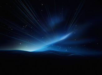 Abstract blue light rays emanate from a dark, wavy background, creating a celestial or futuristic ambiance. Sparkling specks enhance the cosmic feel.