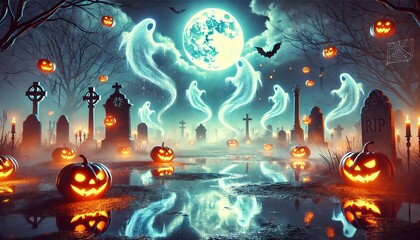 A spooky and whimsical Halloween scene set under a glowing full moon in a misty, haunted graveyard