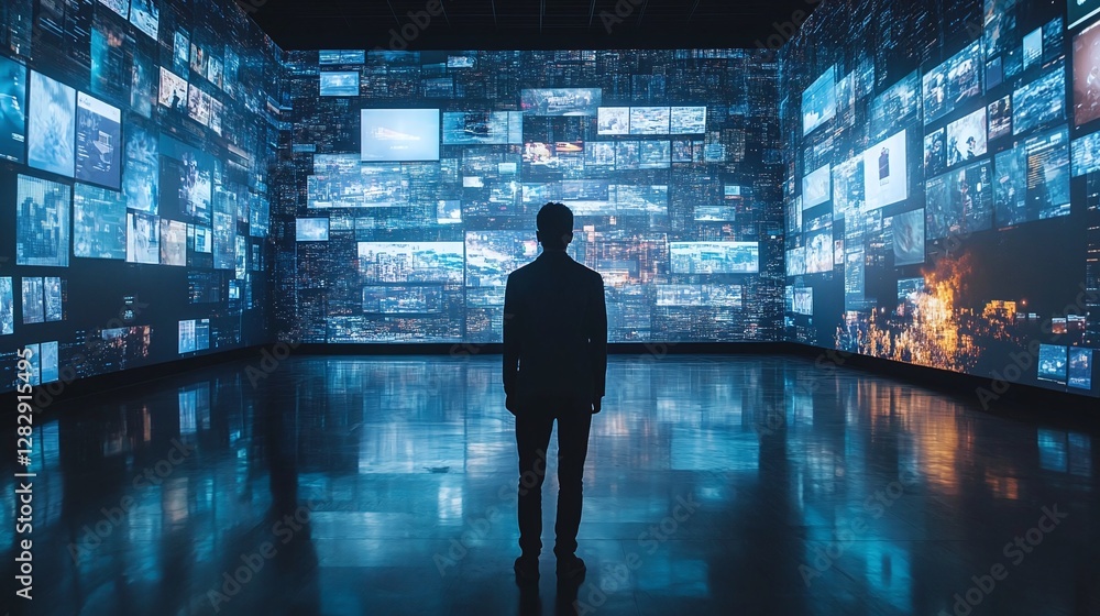 Poster data-driven business leader examining real-time digital marketing performance on a virtual screen wi
