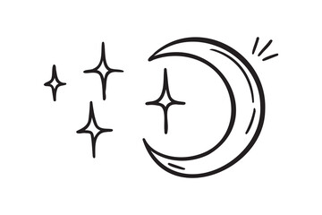 Moon and stars doodle hand drawn icon. Outline drawing Moon and stars night line clipart symbol