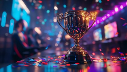 Dynamic trophy with colorful confetti in festive scene