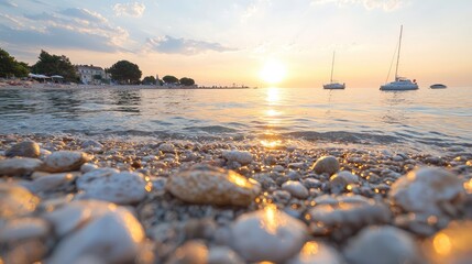 Obraz premium Pebbles on a quiet beach glisten under the warm golden light of a sunset over calm sea waters with anchored sailboats.