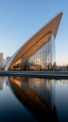 Fototapeta premium Modern building sunset reflection water