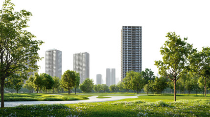 Modern urban landscape development city park digital render green space wide angle sustainable architecture
