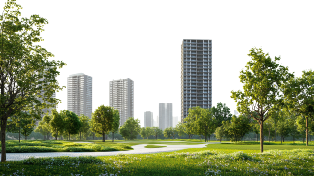 Modern urban landscape development city park digital render green space wide angle sustainable architecture
