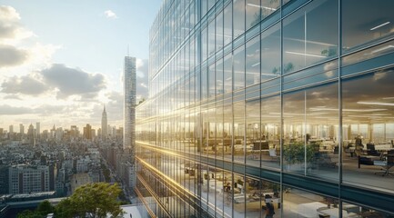 Plakat Sunrise cityscape office building interior view