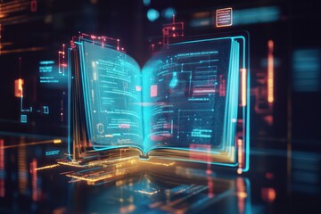 Smart learning concept, holographic projection of books, AI-driven educational interface, sleek modern stock image, professional high-resolution design