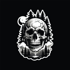Fototapeta premium A skull with trees surrounding it. The skull is drawn in black and white. The trees are drawn in a realistic style. Scene is dark and eerie