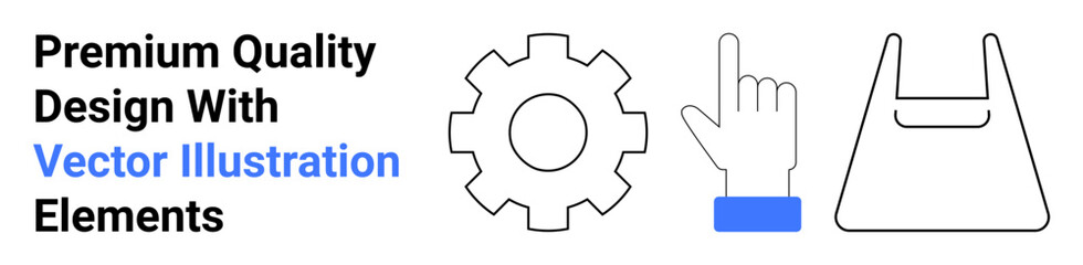 Gear icon, hand pointing upward, and eco shopping bag in minimalist style. Ideal for technology, hand gestures, retail, eco-friendly products, minimal design, business themes flat landing page