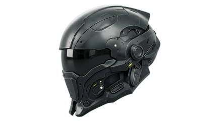 Futuristic Black Helmet Side View with Visor on Black Background