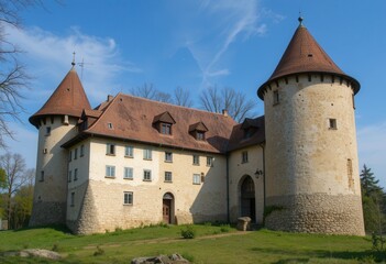 Fototapeta premium Historical castle featuring round towers under clear blue sky