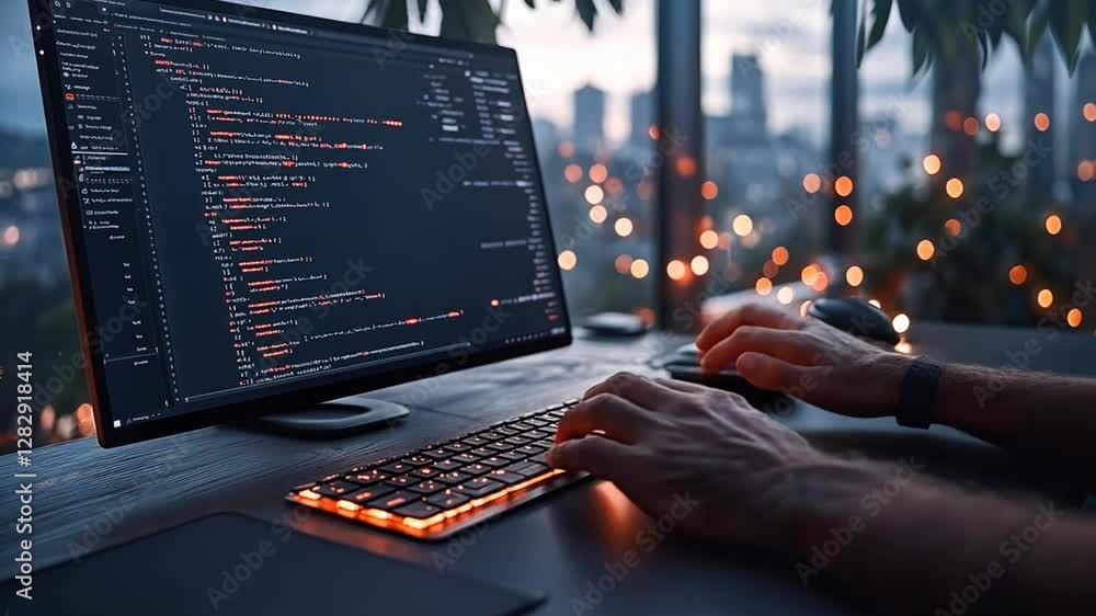 Wall mural coding at dusk with a city skyline in the background and bright lights shimmering below