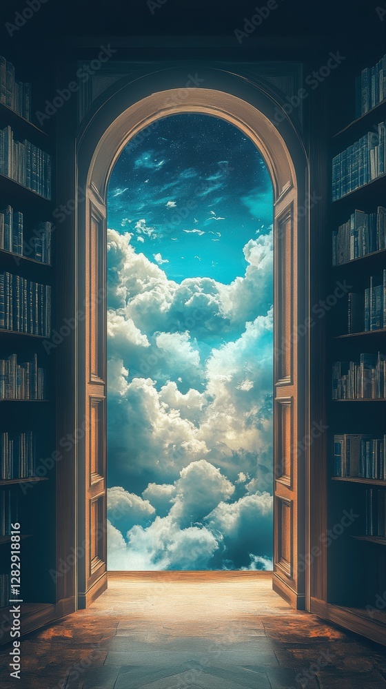 Poster impressive bookcase displaying a sky view that invites daydreaming and inspiration in a unique liter